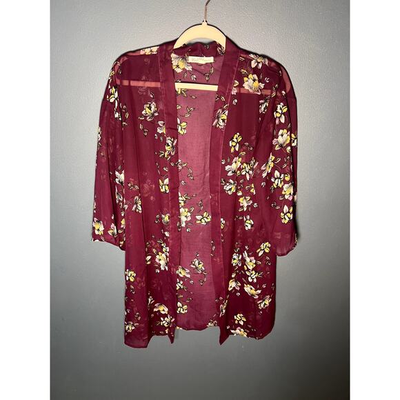 Wall Flower Sheer Floral Kimono in Purple Sz Large for Vacation, Beach, Swimsuit - Picture 2 of 6